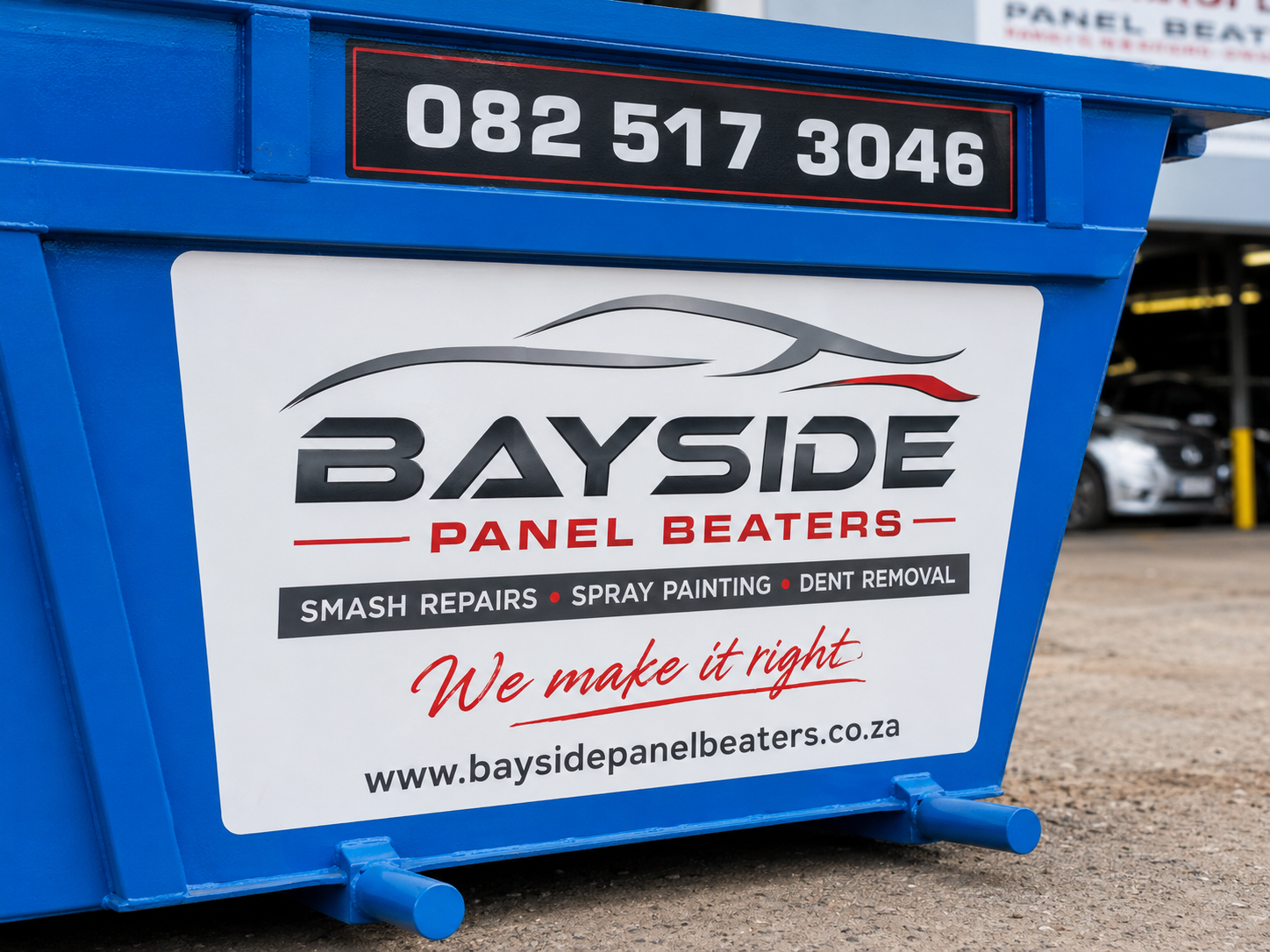 Close-up example of professional advertising displayed on a refurbished blue skip.